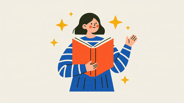Literacy and reading club concept faceless woman figure viewed from behind holding an oversized red book joyful confident posture european figure accents bright clean minimal