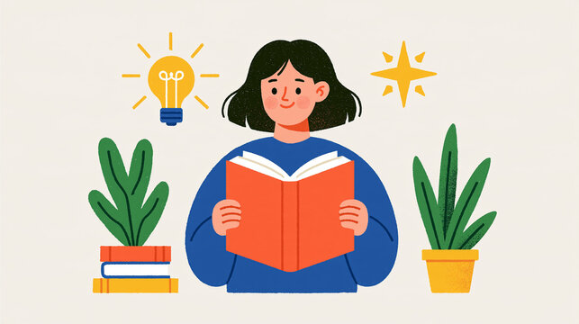 Literacy and reading club concept faceless woman figure viewed from behind holding an oversized red book joyful confident posture european figure accents bright clean minimal
