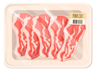 Obraz premium Bacon slice plastic wrap. Cartoon pork meat