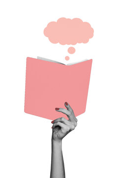 Vertical sketch 3d artwork collage poster of hand hold book education concept fairy-tale cloud speech reader isolated on drawing background