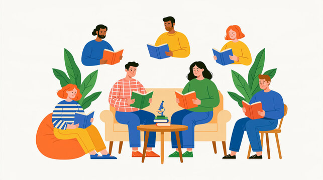 Book club leisure concept diverse faceless figures relaxing and reading books in various cozy poses community reading atmosphere bright clean minimal background soft pastel color