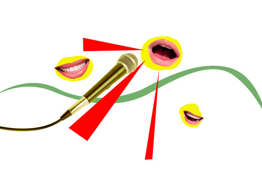 Composite trend artwork 3D sketch image photo collage of&nbsp;faceless mouth lips talk sing song microphone performance club party karaoke