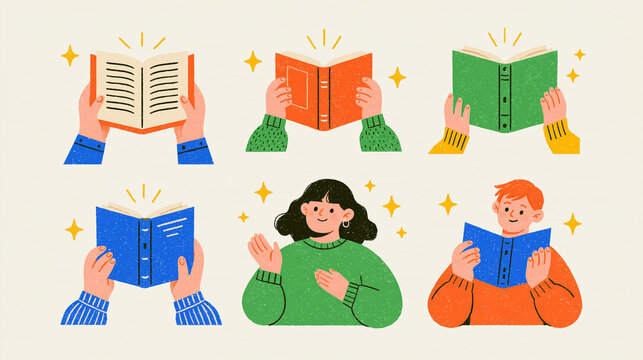 Reading and books concept hands holding open and closed books in different gestures literary accents bright clean minimal background soft gradient color palette reading lifestyle