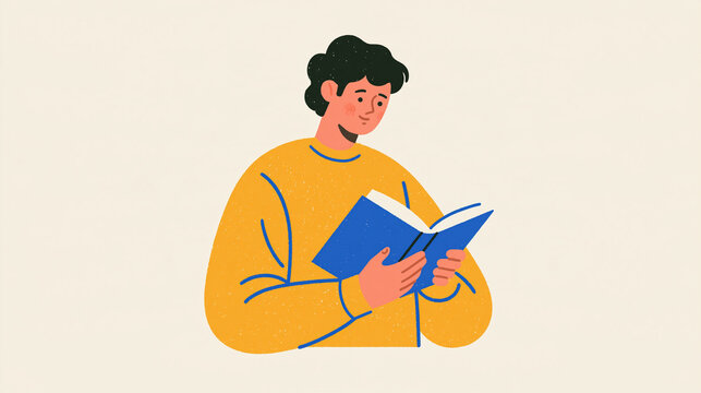 Literacy and reading concept faceless young man figure viewed from behind holding an open book while reading calm focused posture european figure accents bright clean minimal