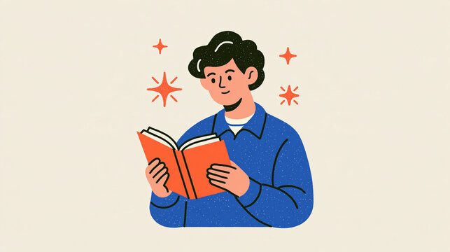 Literacy and reading concept faceless young man figure viewed from behind holding an open book while reading calm focused posture european figure accents bright clean minimal