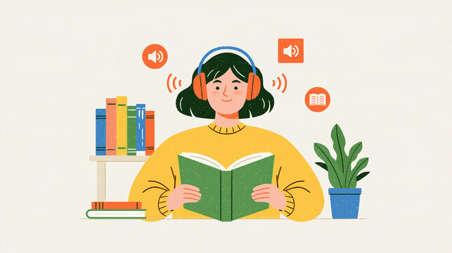 Audiobook listening concept faceless young woman figure viewed from behind wearing headphones with soundwave icon accents relaxed reading posture european figure accents bright clean