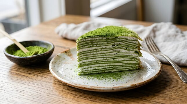Delicious matcha crepe cake layered with delicate whipped cream and sprinkled with vibrant green tea powder on rustic ceramic plate