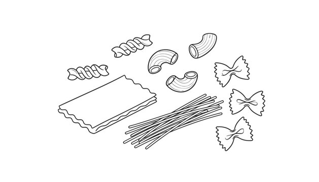 Line art drawing of various types of dry pasta including spaghetti fusilli macaroni farfalle and a sheet of lasagna on white.