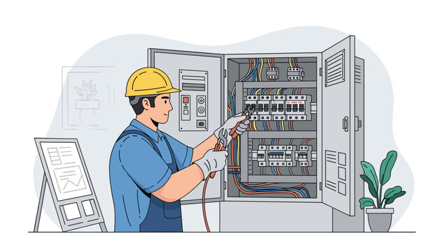 Professional electrician working on electrical fuse box panel using tools and wearing hard hat.