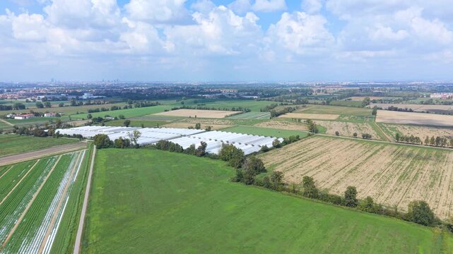 Agricultural Landscape with Greenhouses in Italy. An aerial view showcases a vast agricultural landscape featuring verdant green fields, crops