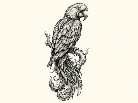 Parrot illustration vector art engraving style sitting on a branch bird animal wildlife feather wing beak perched retro monochrome nature animals16