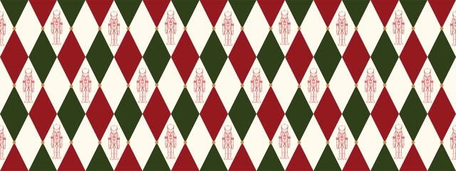 Obraz premium Christmas nutcracker seamless pattern with red and green argyle diamond shapes for holiday wrapping paper textile and festive party decoration