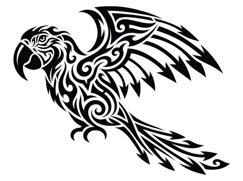 Tribal parrot vector illustration, black tattoo art of a tropical bird with wings spread