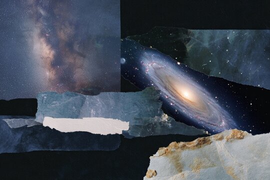Torn scrapbook collage combining galaxy and milky way fragments with textured paper for cosmic background and creative layout design