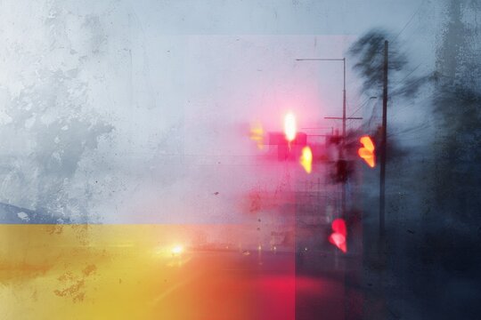 Vibrant urban motion collage background with blurred traffic lights and layered textures for poster and banner design