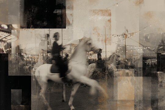 Vintage carnival carousel horse collage with faded sepia motion blur for nostalgic background poster and wall design
