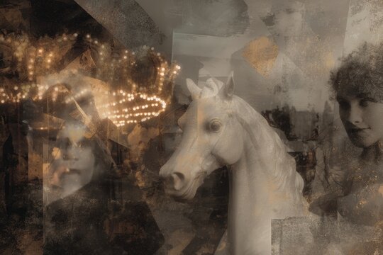 Vintage carnival collage background with faded carousel horse and sepia portraits for retro poster and wallpaper design