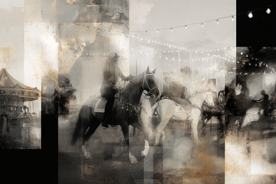 Vintage carnival collage with faded carousel horses and string lights in sepia tones for retro poster and nostalgic background design