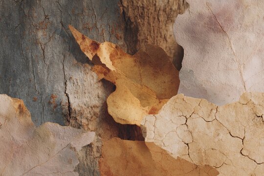 Warm earthy collage of weathered tree bark dried leaves and cracked paper texture for natural background and autumn design