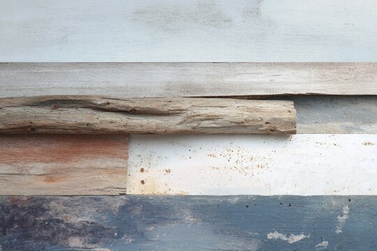 Worn reclaimed wood plank collage with weathered paint and driftwood texture for rustic wall panel background
