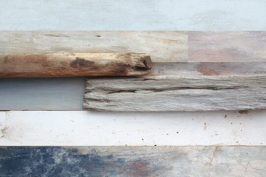Worn reclaimed wood plank collage texture with weathered paint and rustic grain for background wall and surface design