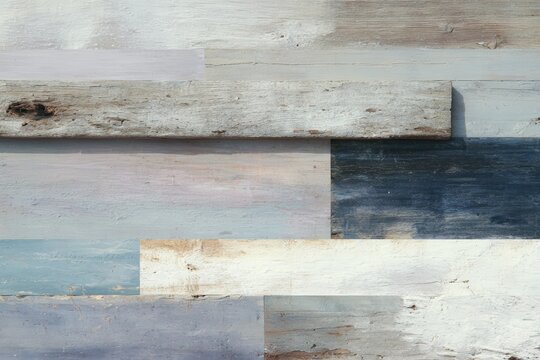 Worn reclaimed wood plank collage in coastal tones for rustic wall paneling and interior background design