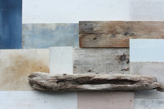 Worn wood collage of reclaimed planks with driftwood on pastel boards for rustic background and interior design texture and surface pattern