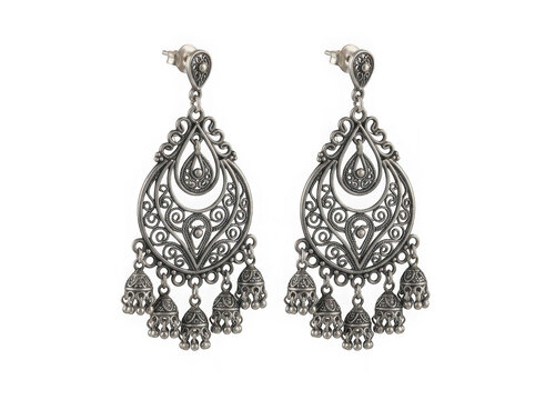 Pair of intricate silver filigree earrings with jhumka drops isolated on transparent background