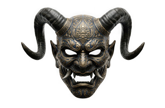 Ornate demonic mask with horns isolated on transparent background