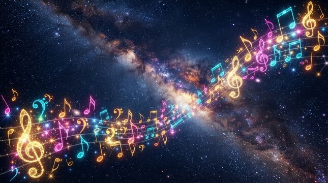 Colorful musical notes flowing through starry space background