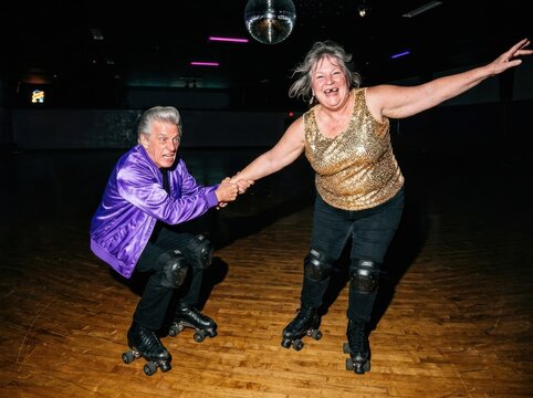 Senior roller skaters enjoying disco rink fun