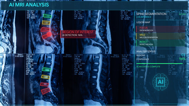 Ai mri analysis of lumbar spine with highlighted region of interest and lesion map for medical report background or artificial intelligence diagnostic clinical interface