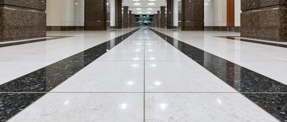 Obraz premium Low angle view of polished marble and granite tiled floor in a corporate lobby hallway