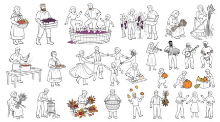 Fototapeta premium Vector sketches of traditional agricultural activities, farming, and cad lifestyle scenes