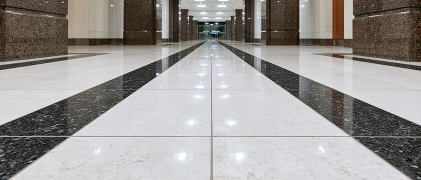 Low angle view of polished marble and granite tiled floor in a corporate lobby hallway