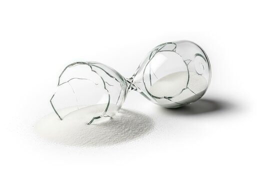 A broken glass hourglass rests on a plain white surface, featuring deep cracks and fine white sand spilling out from the fractured bulbs, broken, present, spilled