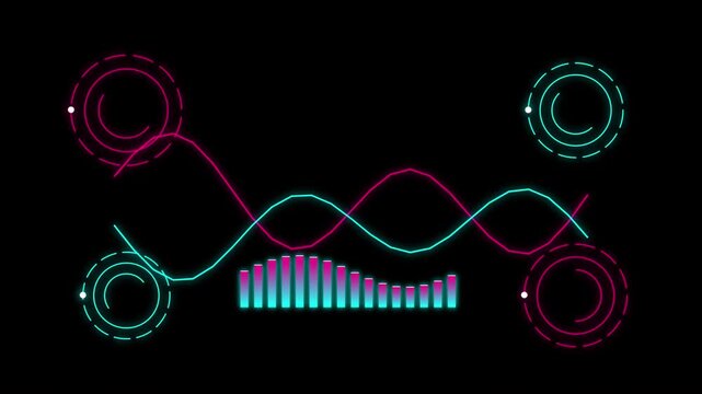 Neon hud interface with dynamic audio waveforms and circular data scopes glowing digital