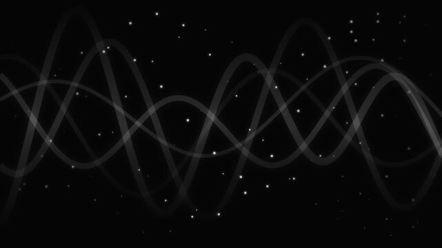 Abstract digital background with glowing white wave lines and particles