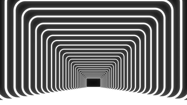 Abstract background with animation of flight in abstract futuristic tunnel with neon light. Hypnotic circle illusion seamless looping on black background, 4k overlays