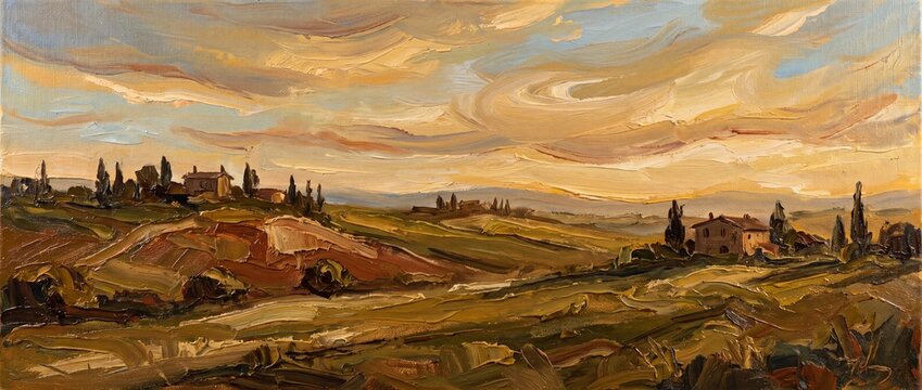 Vibrant impasto oil painting depicting a classic Tuscan landscape with rolling hills, cypress trees, and farmhouses under a golden sunset sky. Rich textures and warm colors.