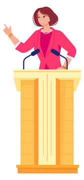 Tribune speaker. Woman politician with microphone. Leader character