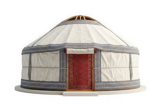 Traditional nomadic yurt tent with patterned fabric and red door isolated on transparent background