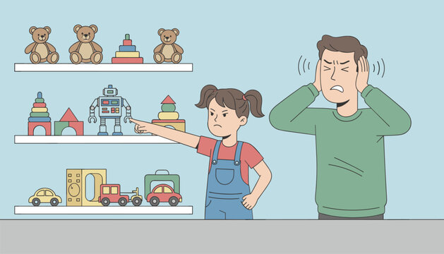 Grumpy little girl pointing at a robot toy on a shelf while her father covers his ears in frustration and stress.