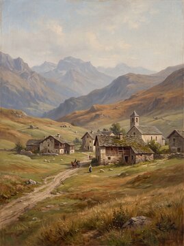 Classic oil painting of an idyllic Alpine village nestled in a serene mountain valley. Features rustic houses, a church, villagers, and sheep on a dirt road.