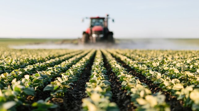 The Tractor in a Lush Field of Rows Under a Clear Sky