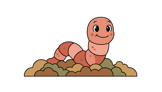 Cute cartoon pink earthworm smiling and crawling over a pile of brown and green soil mounds on white background.