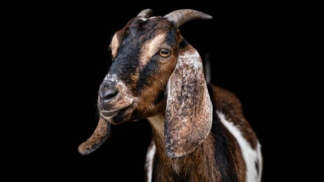 nubian goat close up isolated on black background video
