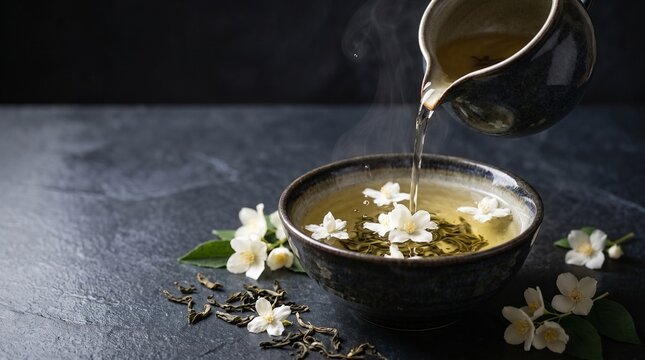 Jasmine tea pours from a ceramic pot into a bowl. White blossoms float on the golden infusion. Traditional tea ceremony and mindful refreshment in a serene macro beverage still life.