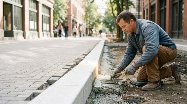 Craftsman laying curbstone with mortar on urban plaza sidewalk construction