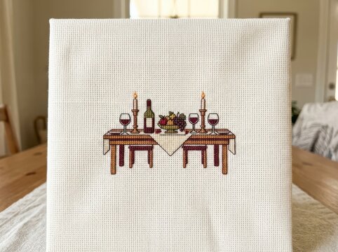 Warm tabletop cross stitch still life with wine candle and fruit